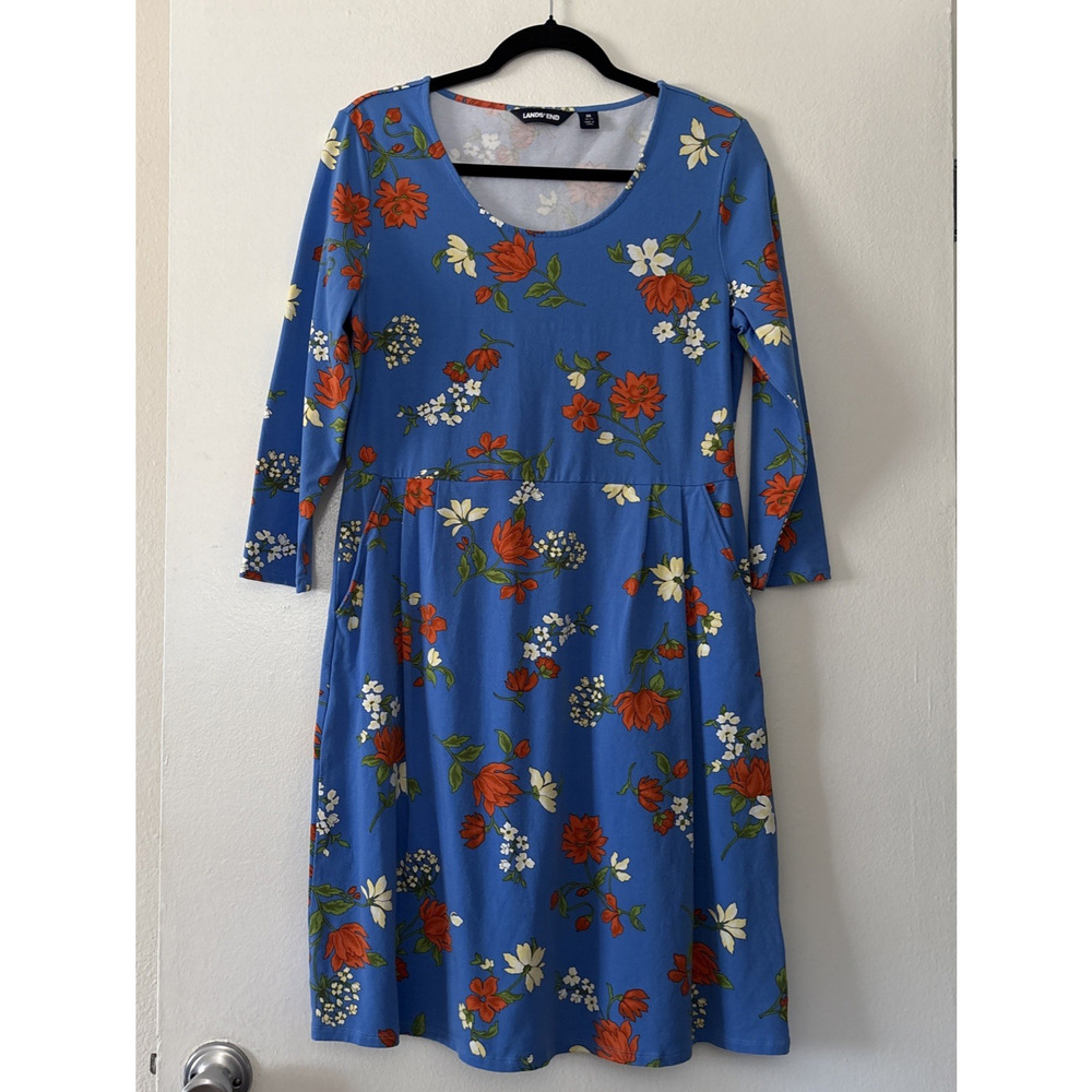 Lands End M 10/12 Blue Floral 3/4 Sleeve A Line Dress Stretch Pockets Colorful